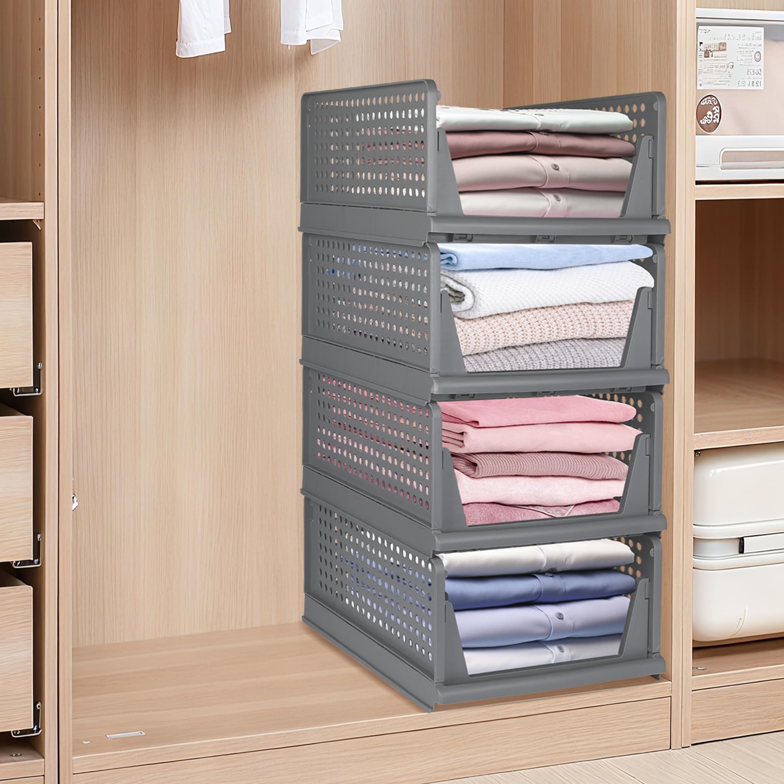 Organizador Armario Apilable, Cajones Extraíbles para Armarios, Cajas Almacenaje Ropa de Plástico, Organizadores de Ropa para Dormitorio, Cocina y Baño(33.5 * 43 * 72cm-4Gris)