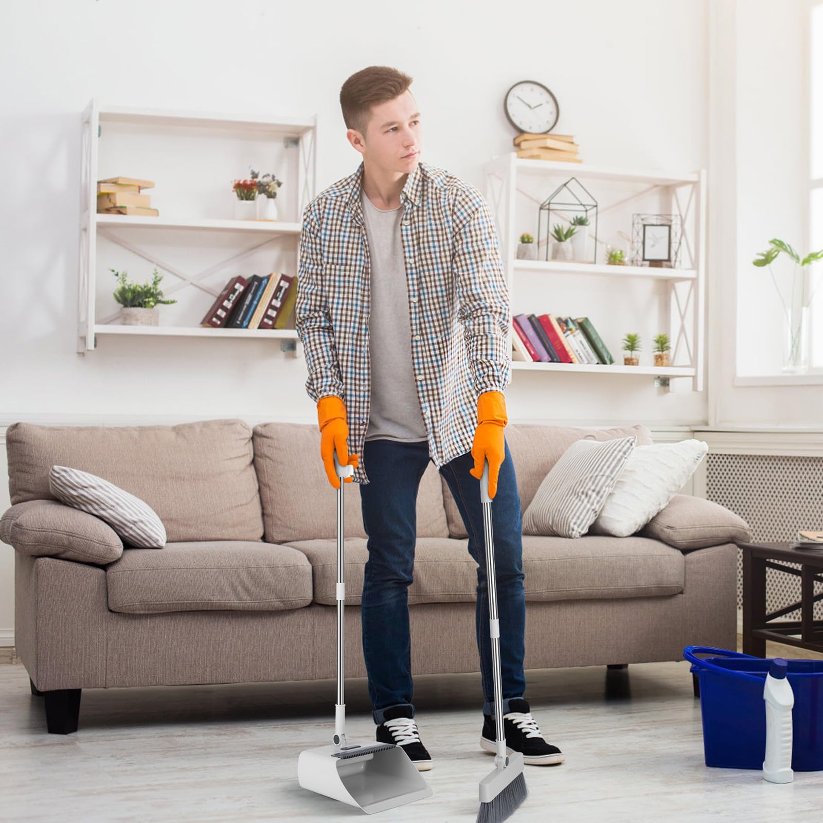 Broom and Dustpan Combo Set with Long Handle, Stand Up Broom and Dustpan, Adjustable Long Handle Broom for Office Home Kitchen Lobby Floor, Indoor/Outdoor Sweep Broom