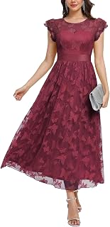 DEARMSROSE Women's Casual Tulle Midi Dress Ruffle Sleeve Crewneck Lace Flowy Dresses Party Wedding Guest Sundress Price In India