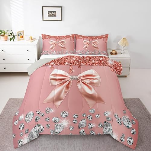 Erosebridal Grey Bowknot Comforter Sets, Starry Sky Sequins Bow Sparkling Diamon