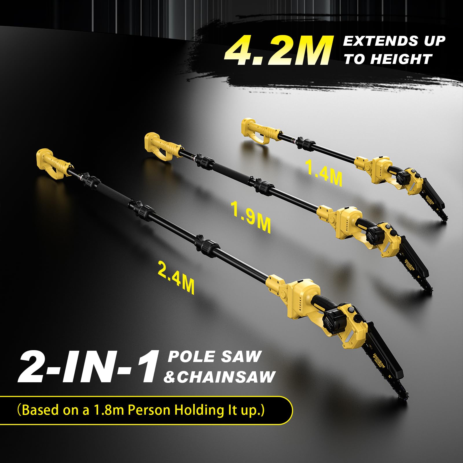2-en-1 Tronçonneuse à Batterie & Scie à Élaguer, Moteur Sans Balais Compatible Makita 18V, 8 Pouces Mini Tronçonneuse, 2×4.0Ah, Perche 4.2m, Tête 180°, Élagage Branches & Coupe Bois (yel)