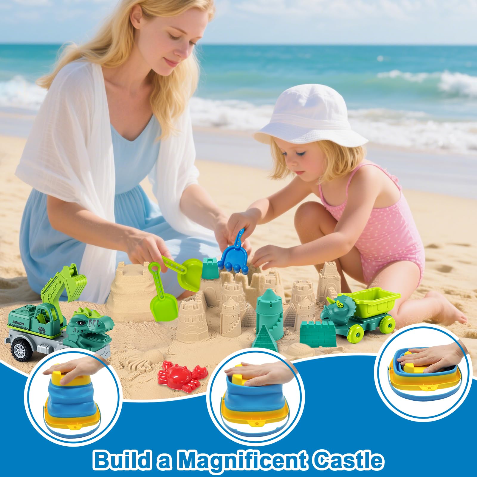 Kinder-Strandspielzeug-Set,38 Stück Strandspielzeug für Kleinkinder mit Dinosaurier-Motiv (Alter 1-3),Reise-Strandspielzeug-Set (Alter 4-8),Netzbeutel, Schaufel, Burg, Tierformen, Bauset
