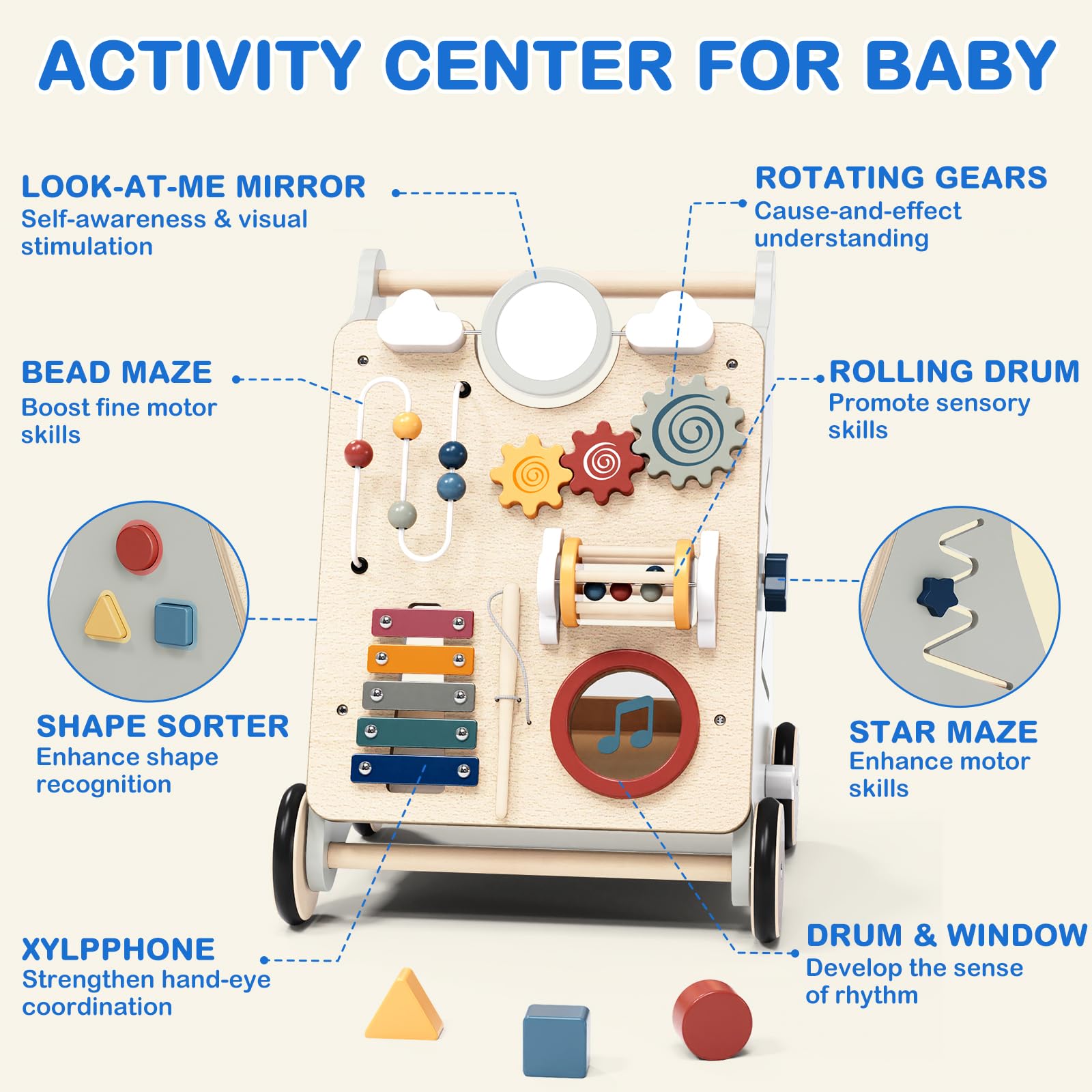 Andador Montessori 2 en 1 de Madera, Andador para bebés con Velocidad Regulable