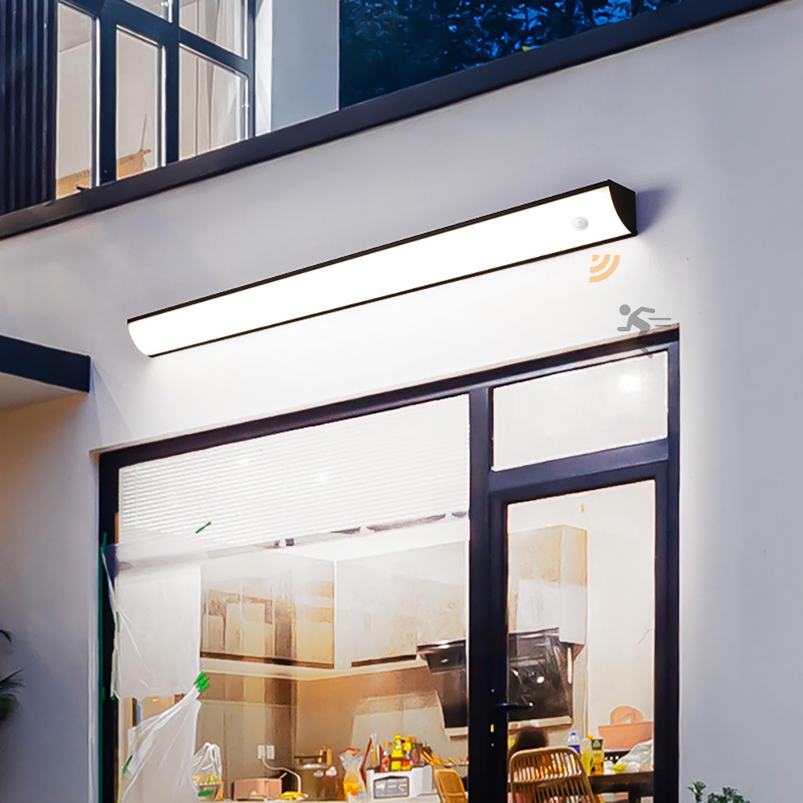 HELCEKOU Outdoor LED Wall Light with Motion Sensor, Waterproof IP65, 98W Aluminum Fixture for Garden, Villa, Bathroom, Bar - 90CM Black & White Acrylic Design
