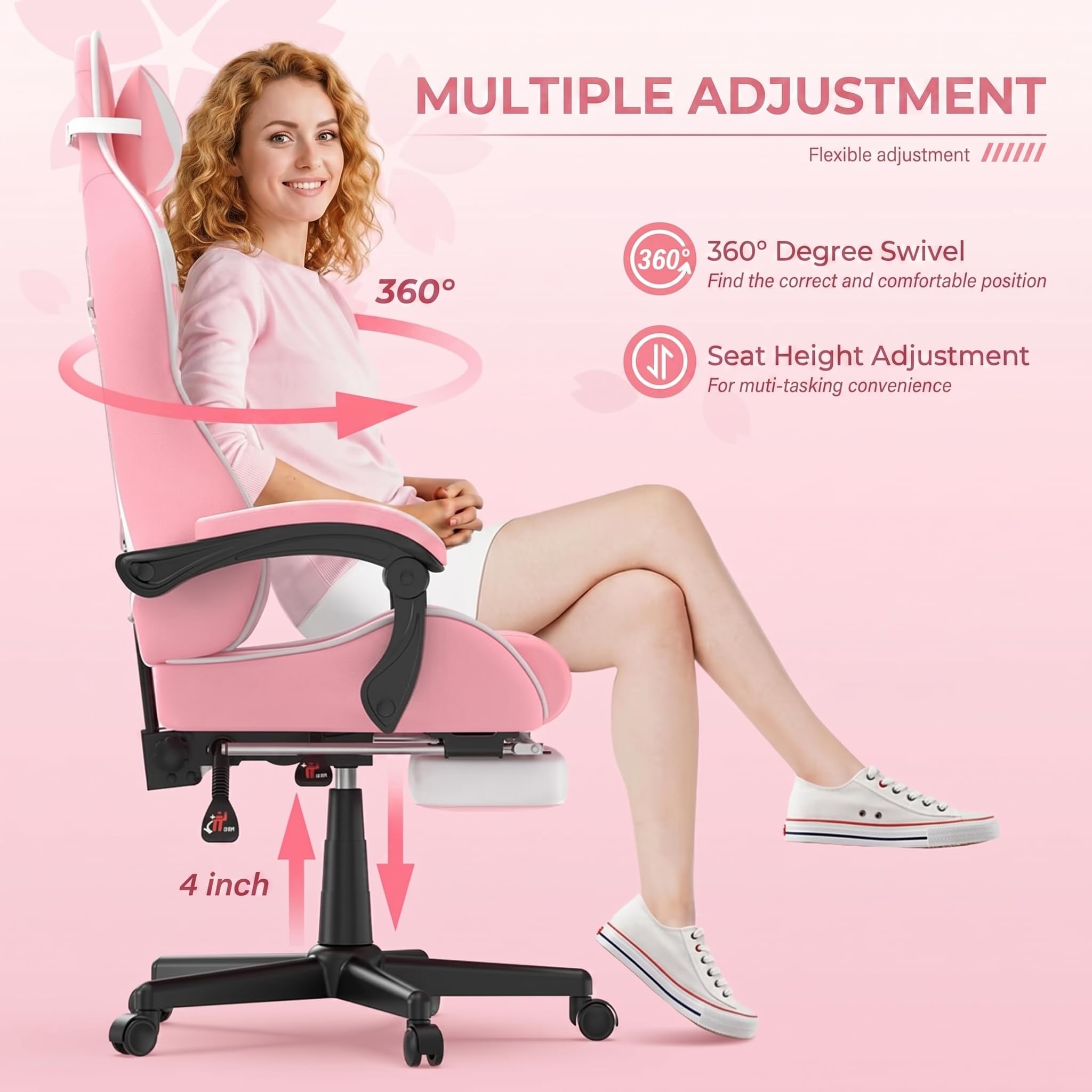 Huracan Sedia Gaming, Poltrona Gamer con Funzione Massaggio e Poggiapiedi, Sedia Gamer Ergonomica con Memory Foam e Rivestimento in PU, Altezza Regolabile, Schienale Reclinabile, Gaming Chair, Rosa