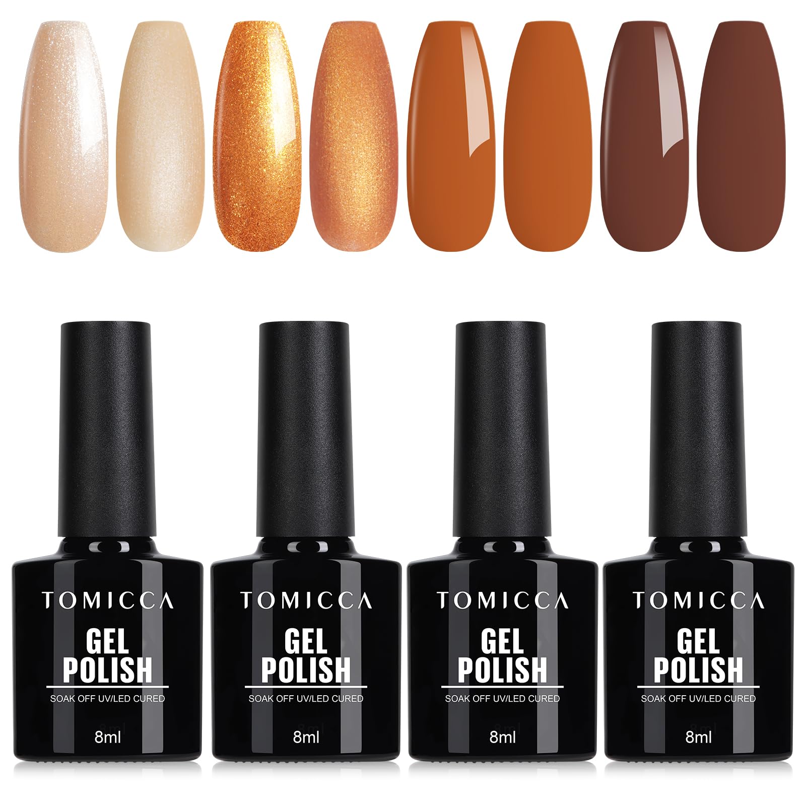 TOMICCA UV Nagellack Braun Set, 4 Farben Herbst Braun Glitzer Collection Gel Nagellack, Soak-Off UV/LED Geschenk für Nagelstudio DIY Home, 8ML