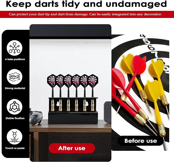 Supporto per freccette, montaggio a parete, 6 scatti per freccette, autoadesivi o fissaggio a vite, accessorio ideale per la casa di gioco, Room Bar, durevole - 4