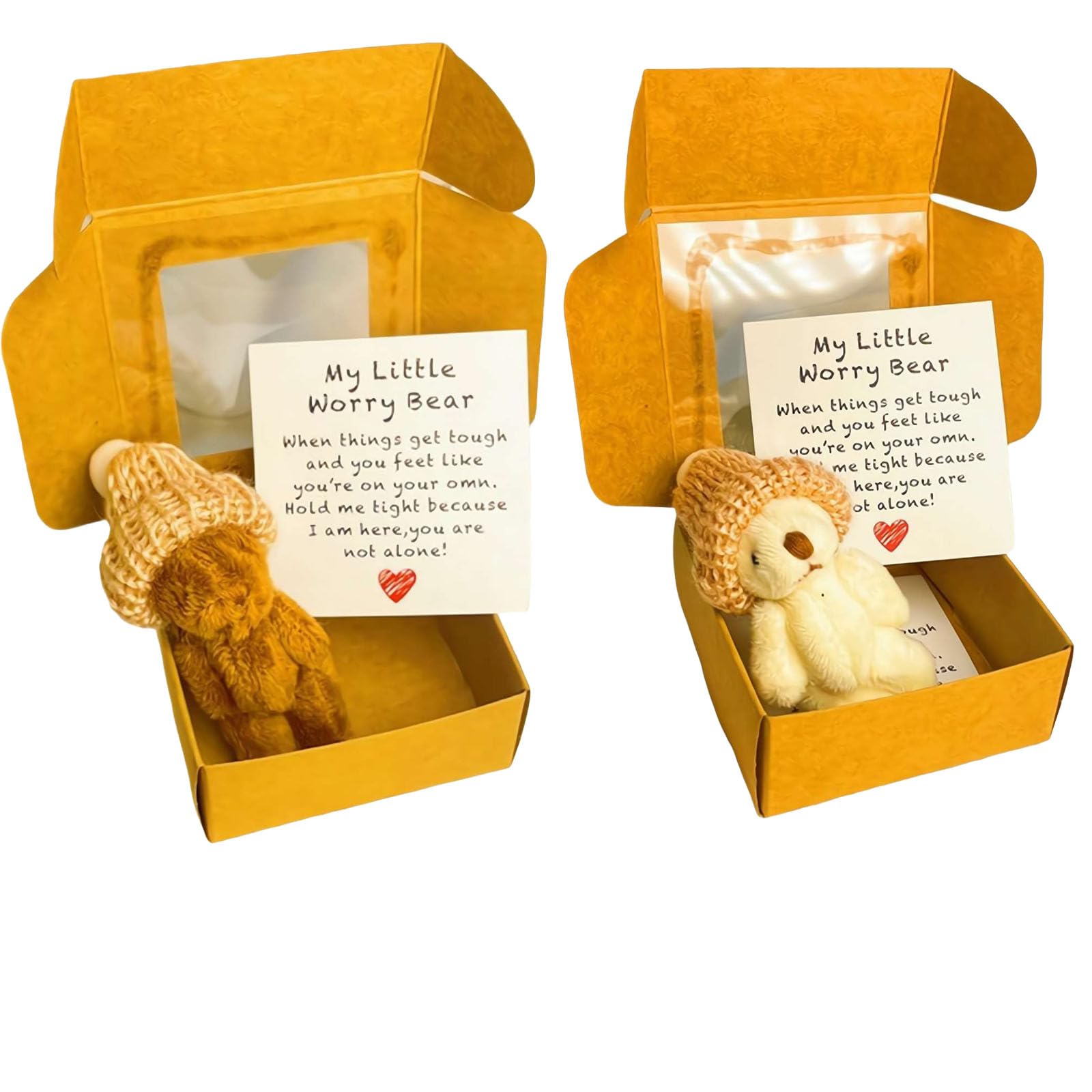 2 PCS My Little Worry Bear in a Box, Worry Bear Emotional Support Mini Plush Set including Inspirational Cards