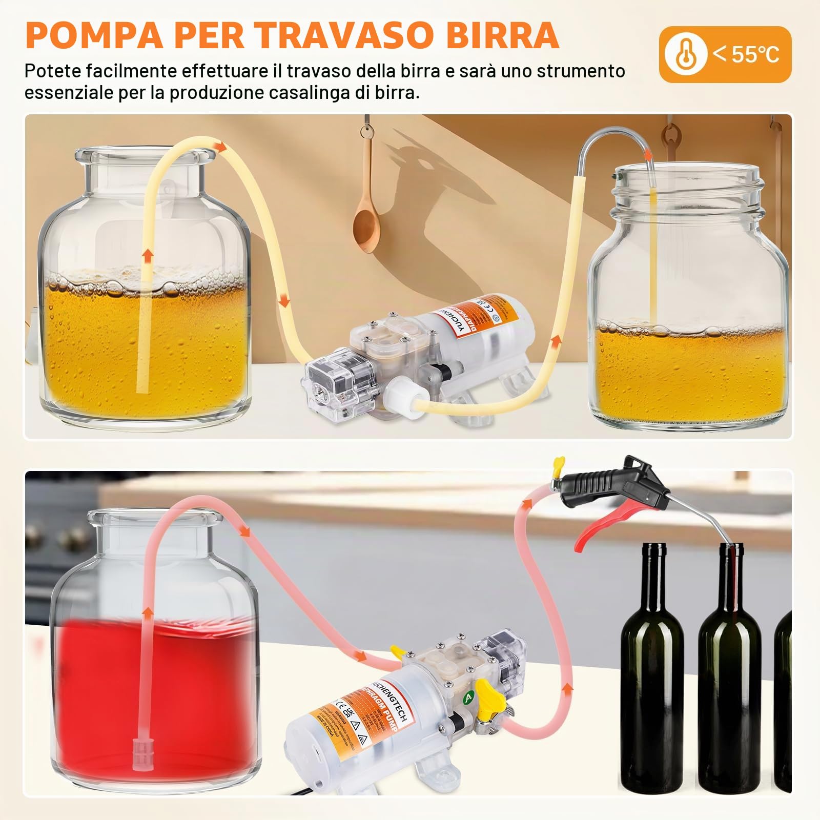 YUCHENGTECH Pompa Travaso Vino 12V Pompa Elettrica per il Trasferimento del Vino con Controllo del Flusso e Avvio-Arresto Automatico Include Pistola di Riempimento Liquido, Tubo da 4 m e 2 Filtri