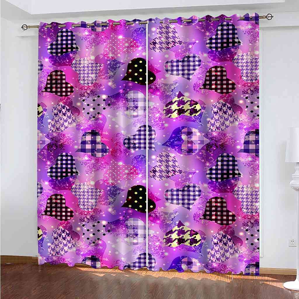 Rideau occultant à oeillets violet style créatif motif cœur lot de 2