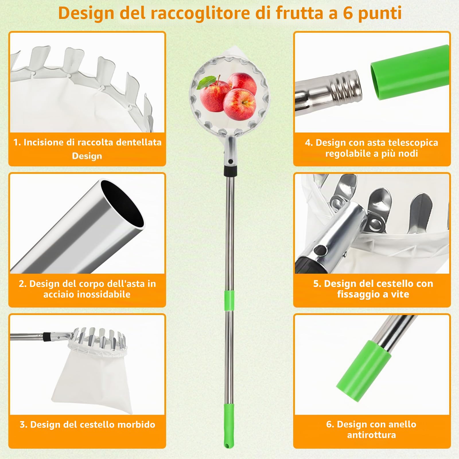 4M Raccogli Frutta Telescopico, Raccogli Cachi in Acciaio Inox e Borsa in Cotone, Regolabile Raccoglitore Mele con Manico Telescopico Lungo, Raccogli Frutta da Albero per Limoni Mele Pere Arance