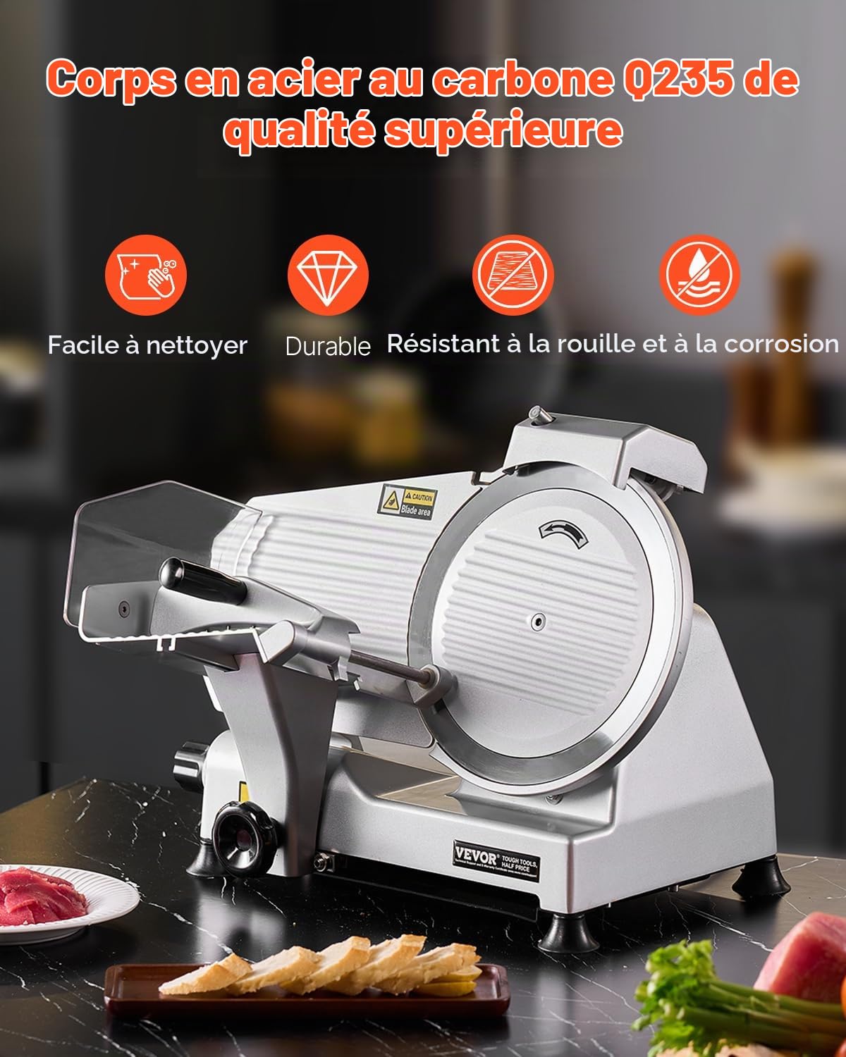 VEVOR Trancheuse à viande commerciale, 180 W, trancheuse électrique pour aliments de charcuterie, avec lame de qualité supérieure de 65 Mn, épaisseur réglable 0-10 mm, pour viande, pain dur, fromage