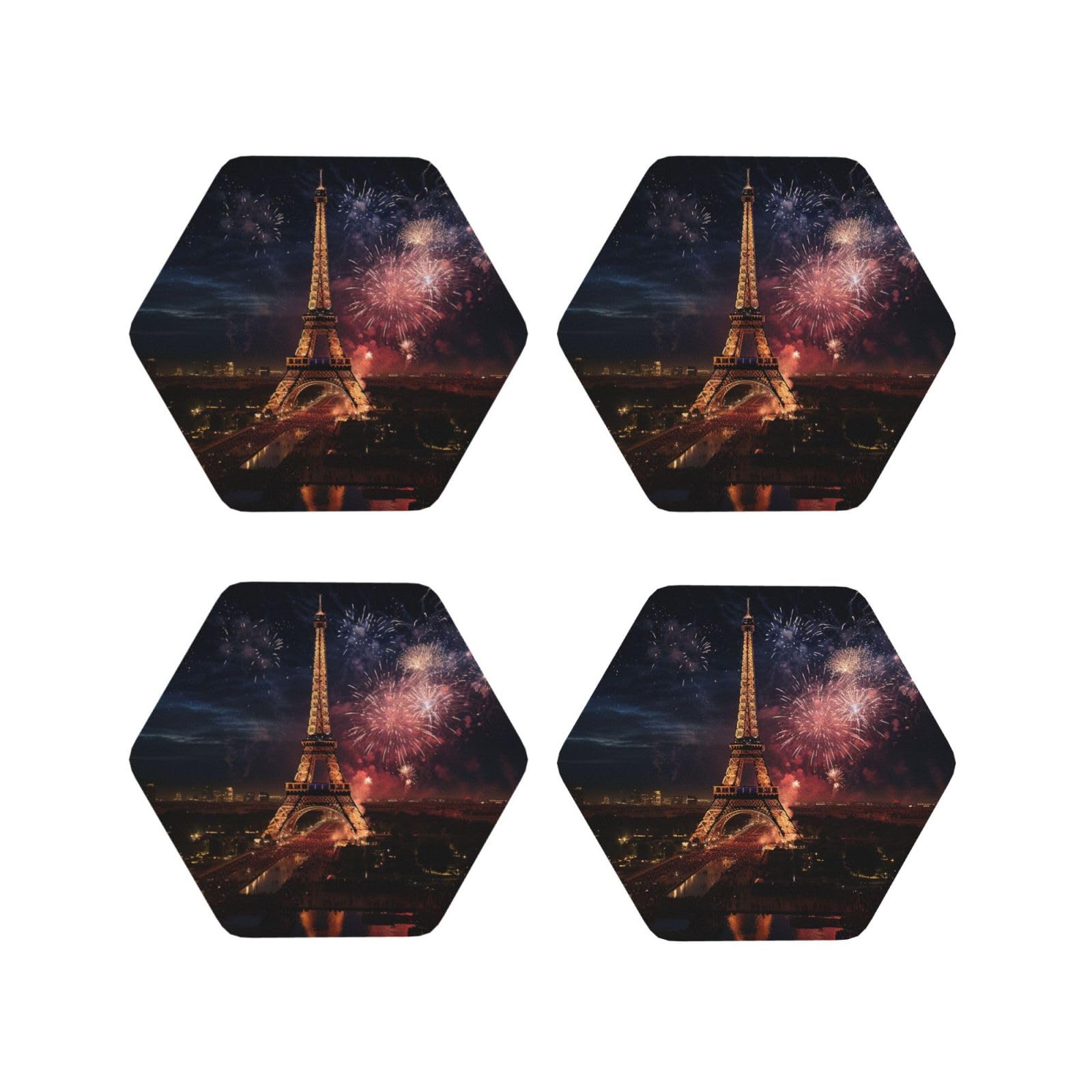 4Pcs PU Leather Coaster for Drinks, Eiffel Tower Fireworks Cup Coastersr 4" Cup Mat Pad, Aesthetic Drink Coasters for Coffee Table, Hexagon Coaster for Tabletop Protection