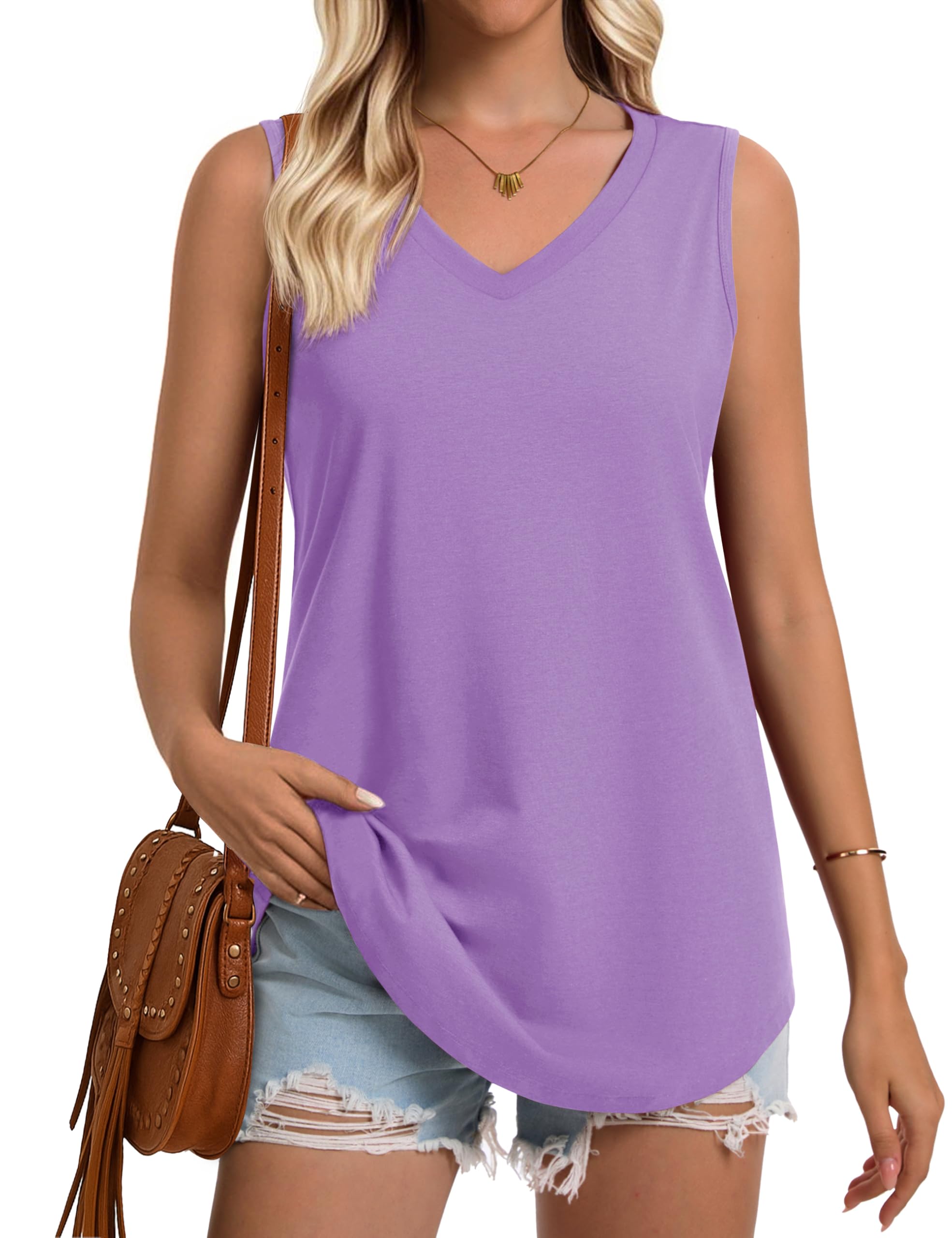 YUCOLEN Womens Tank Tops Sleeveless V Neck Loose Fit Shirts Summer Flowy Curved Hem UPF 50 Basic Clothes