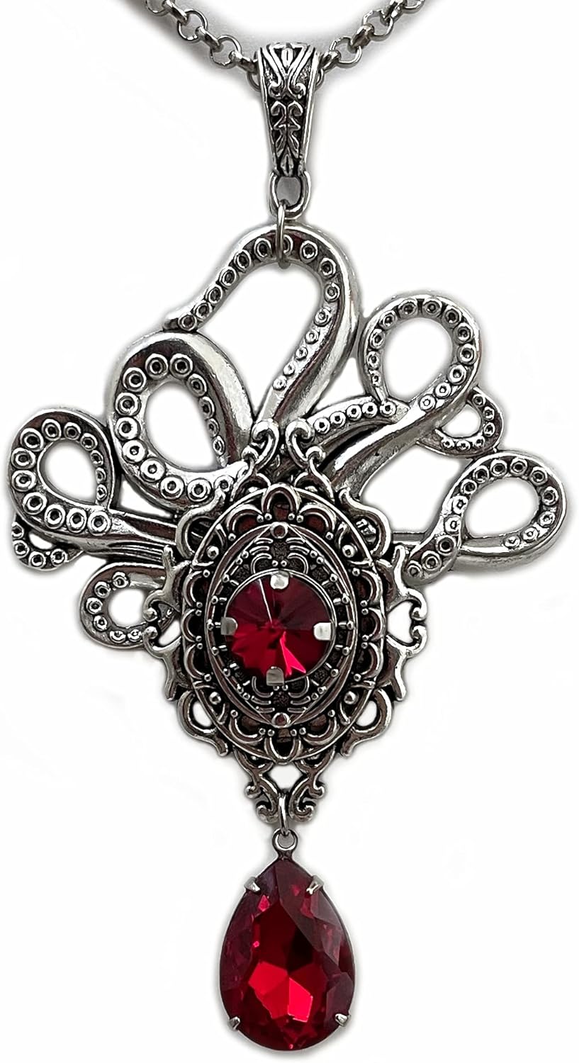 Large Antique Silver Gothic Filigree Lovecraftian Call of Cthulhu Mythos Deity Kraken Octopus Tentacle Necklace Choker Pendant