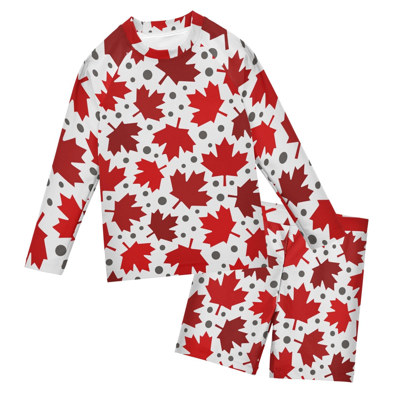Aflyko Patriot Boys Girls Rash Guard Set Canada Maple Leaf Swim Outfit Pollover Bathing Suit Fishing Sun Shirt Quick Dry Swimming Surfing Shorts, 9-10T Multicoloured