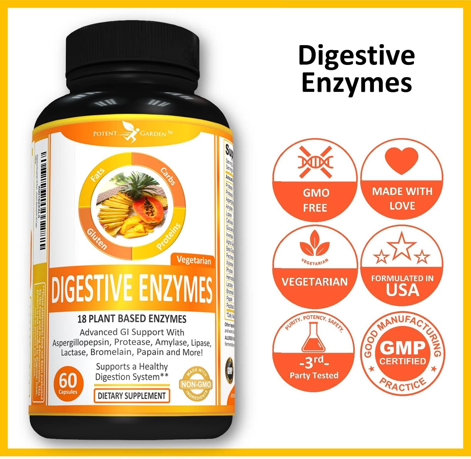Potent Garden Digestive Enzymes -18 Plant Based Enzymes with amylase lipase bromelain Protease lactase & Other Enzymes - One Pre Meal Pill Supports Healthy Digestion & Nutrient Absorption 60 Caps