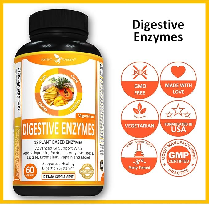 Potent Garden Digestive Enzymes -18 Plant Based Enzymes with amylase lipase bromelain Protease lactase & Other Enzymes - One Pre Meal Pill Supports Healthy Digestion & Nutrient Absorption 60 Caps
