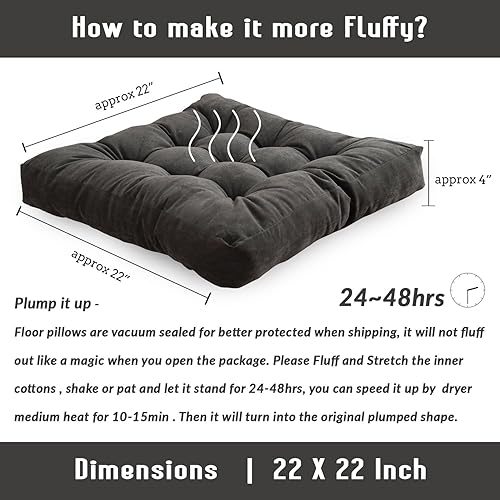 Vista 44 de Cojines cuadrado para sentarse en el suelo 22” x 22”, suave grosor, para yoga, meditación, puf, tatami, cojín para leer en el suelo, cojín