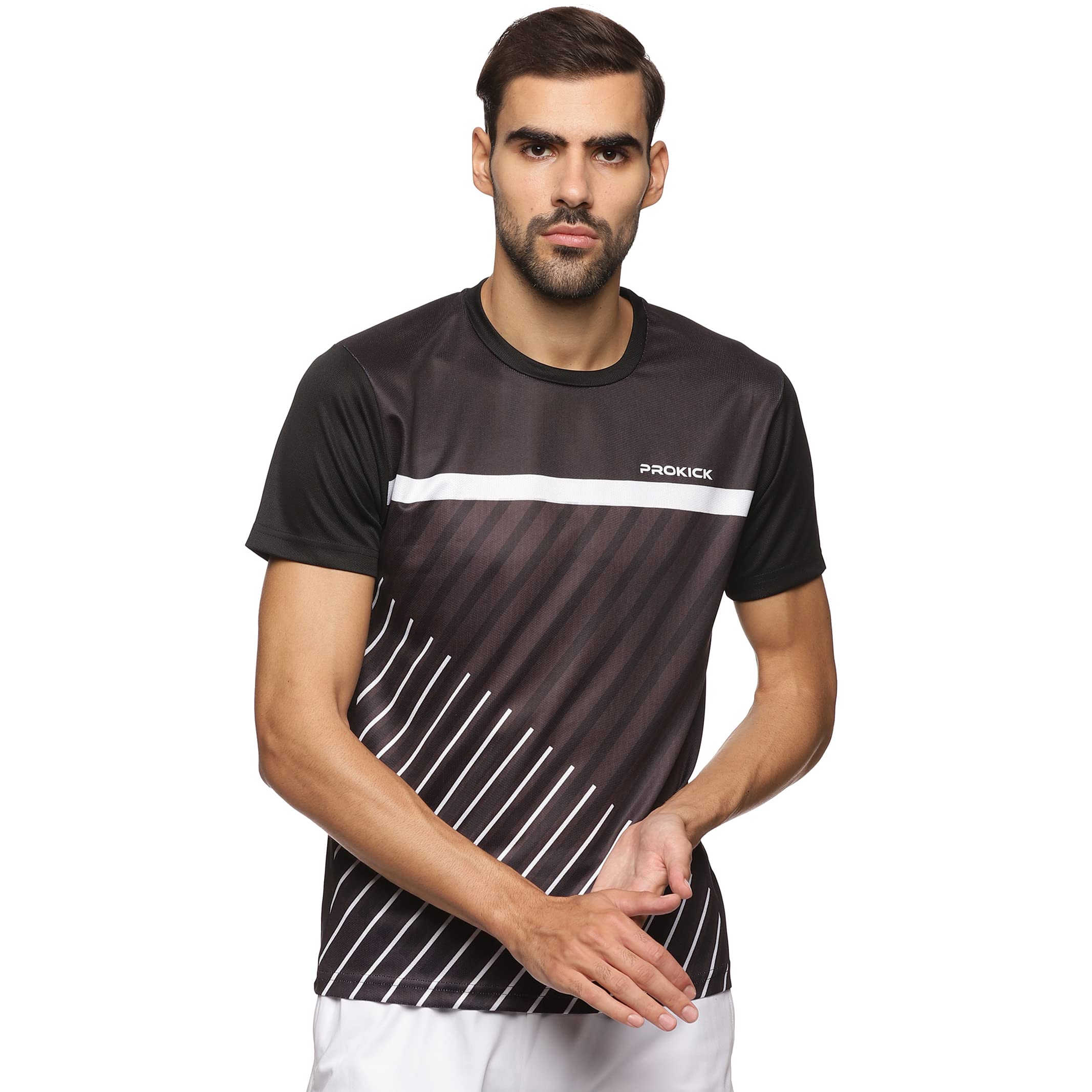 ProkickProkick Regular Fit Round Neck Half Sleeves Tshirt for Men|Activewear T-Shirt Comfort Fit|Light Weight, Moisture Absorption, Sports Tshirt for Badminton,Tennis,Squash,Gym Wear,Everyday Wear (Black-L)