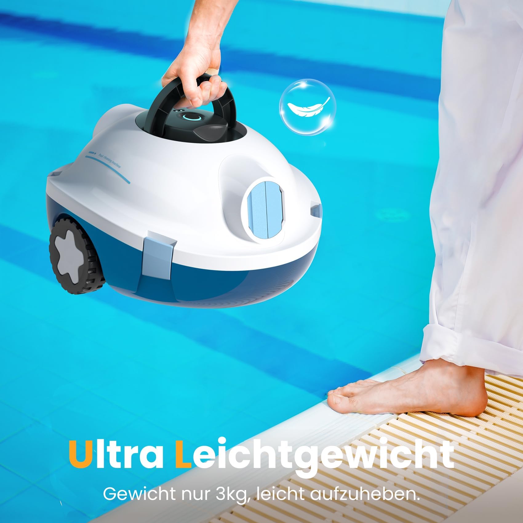 Poolroboter, kabelloser Poolsauger, Schnurloser Roboter-Poolreiniger, automatischer, leistungsstarker Poolsauger, 120 Minuten Laufzeit, selbstparkend, ideal für Flache Böden bis 100 m²(Weiß)