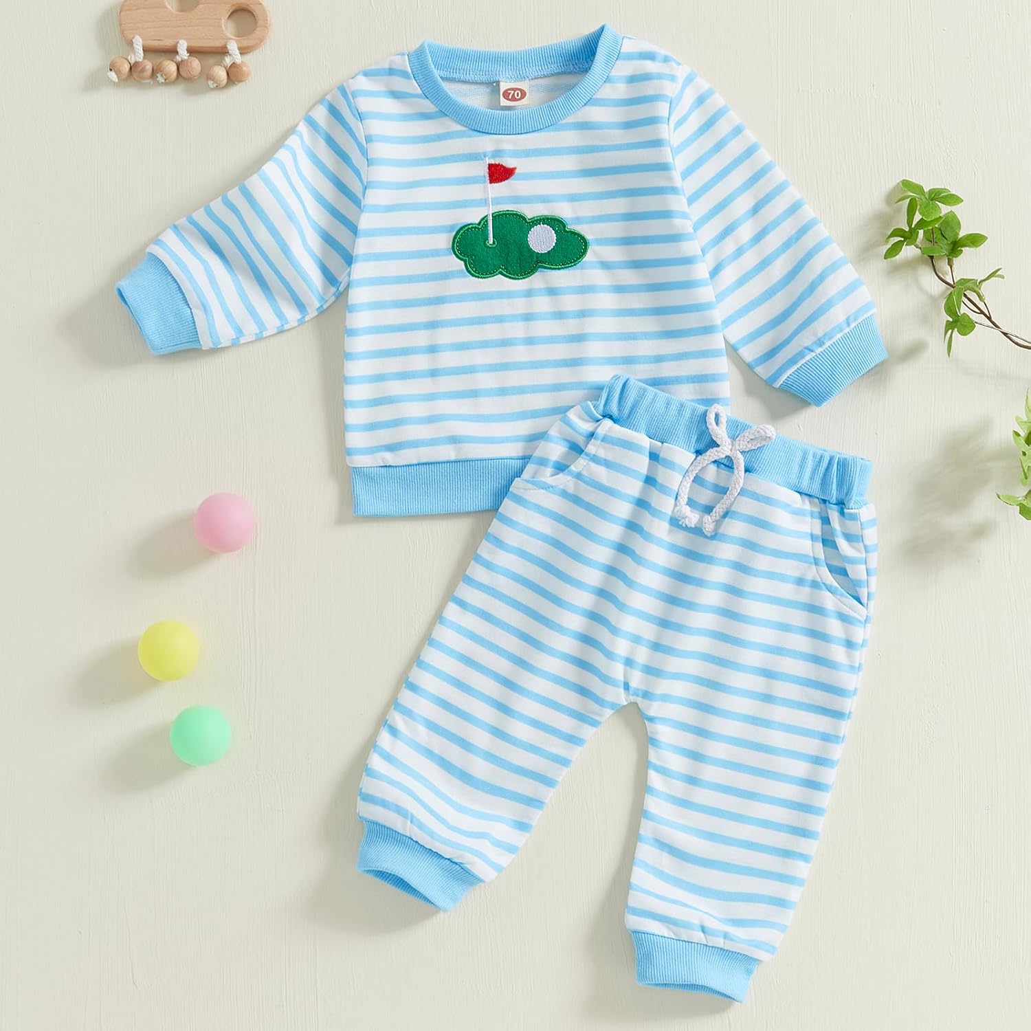 Baby Girl Boy Golf Outfit Long Sleeve Stripe Print Crewneck Sweatshirt Jogger Pants Set Infant Fall Clothes Blue 0-6 Months image 3 of 7 B0DJS9MYRG