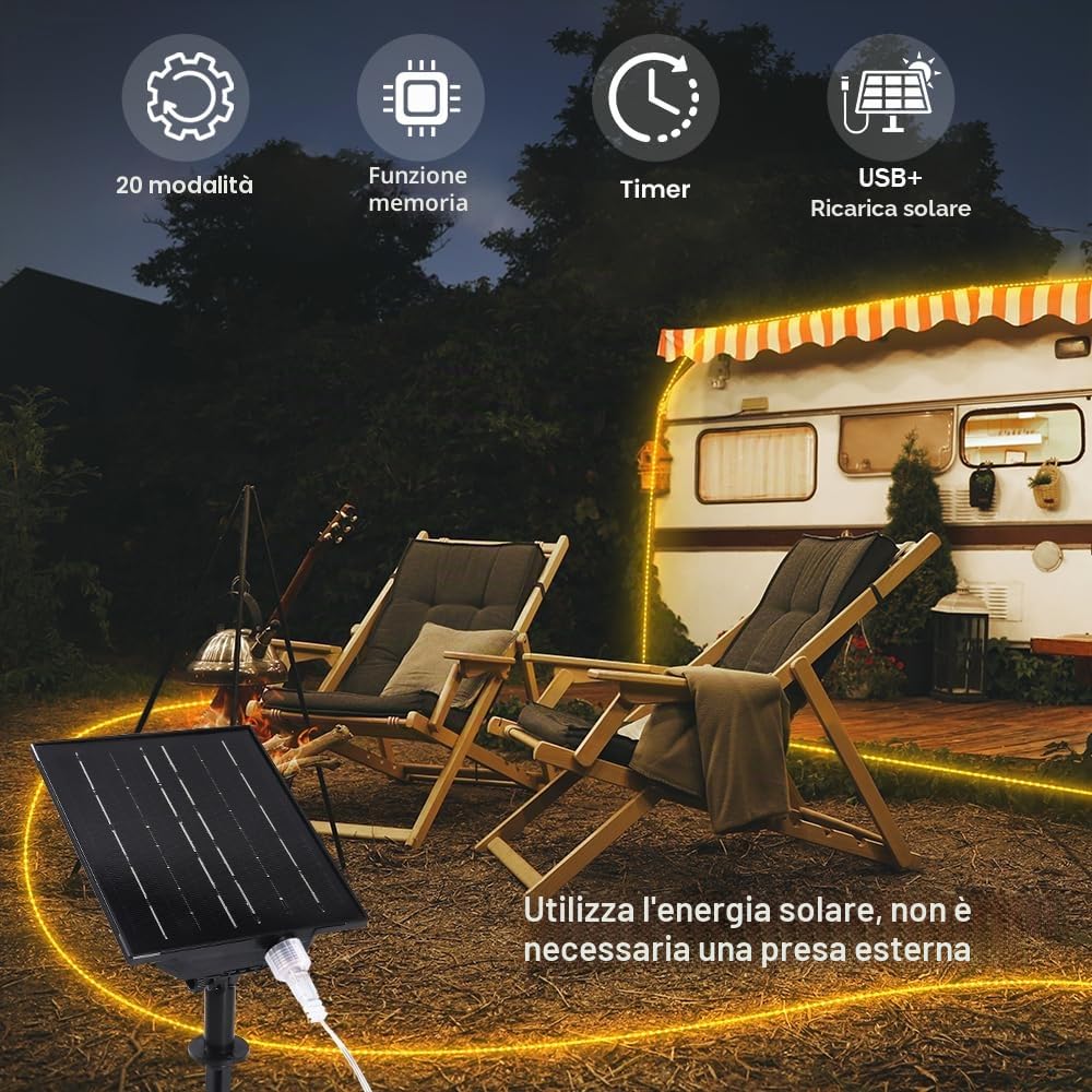 StarryEver Tubo luminoso solare per esterni, 30 m, 1200 LED, 2700 K, luce bianca calda, funzione di ricarica USB, IP68, resistente alle intemperie, con telecomando, per esterni, tubo di luce per
