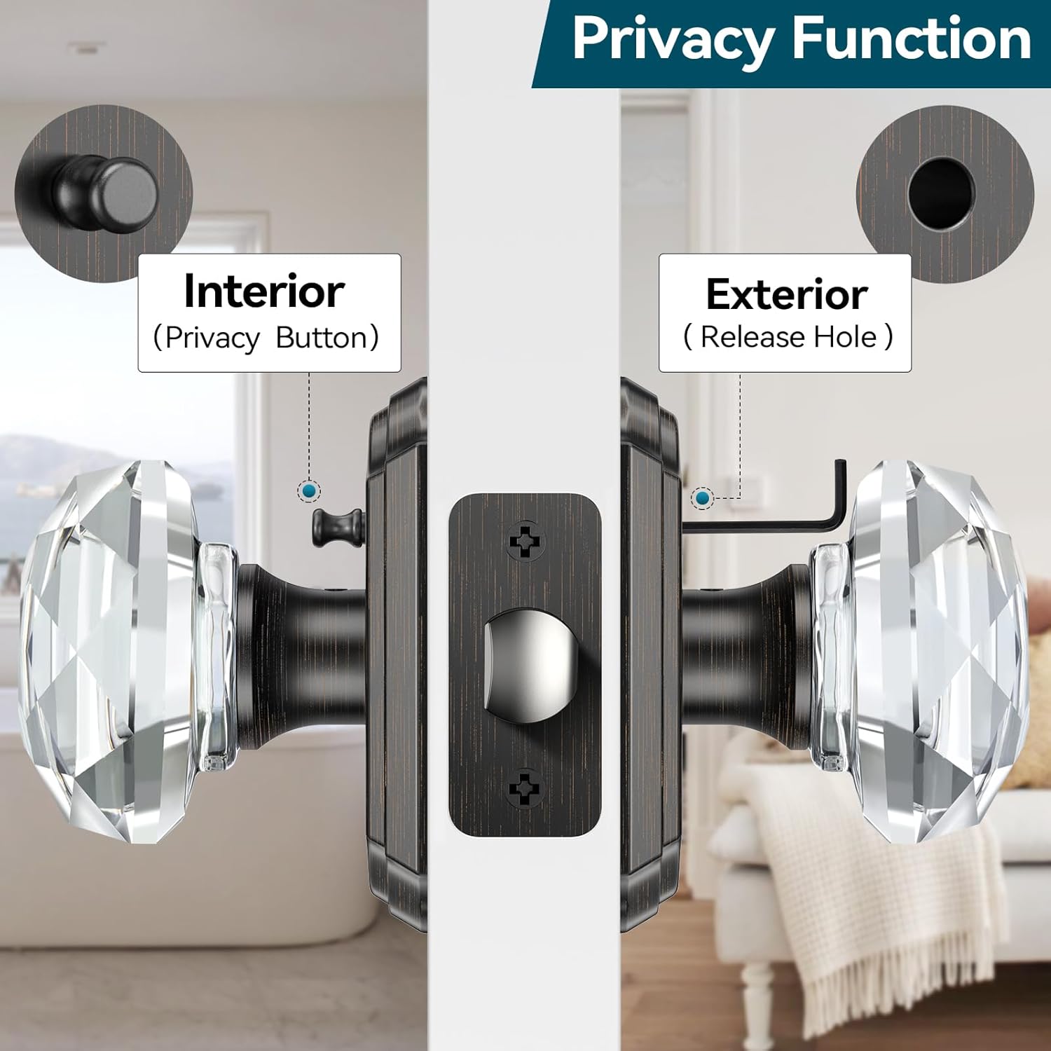 6 Pack Glass Door Knobs, Oil Rubbed Bronze Crystal Door Knobs Interior with Lock for Privacy Use, Diamond Glass Door Knobs for Bedroom Bathroom, Vintage Crystal Door Knob Set