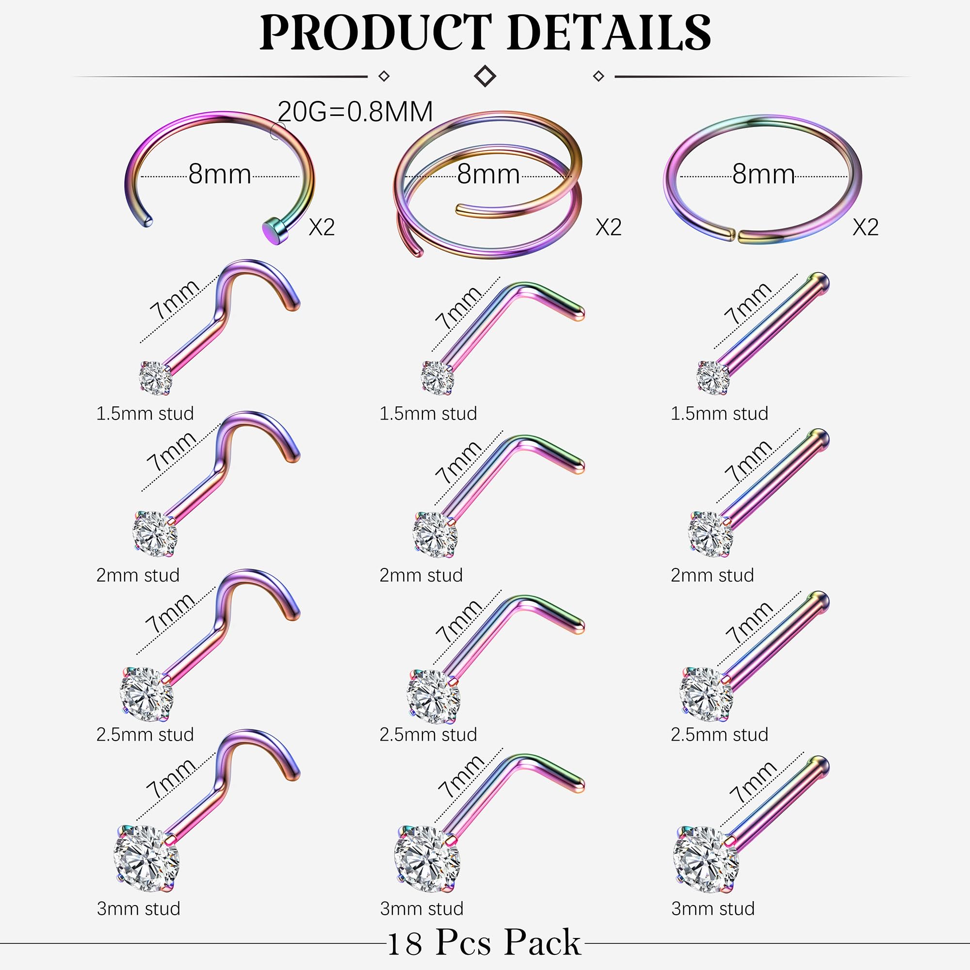 LOYALLOOK 18Pcs Nose Rings Studs - 316L Surgical Steel Gold Nose Studs Double Hoop Nose Ring for Women Men 18G/20G Nose Rings Stud Hypoallergenic Nose/Body Piercing Jewelry 1.5mm 2mm 2.5mm 3mm CZ