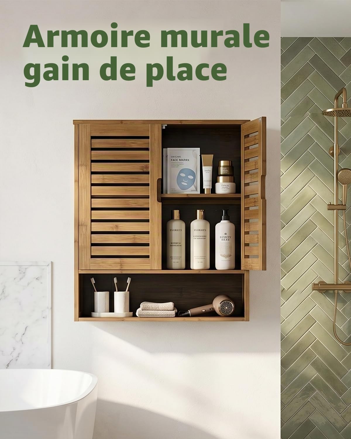 SMIBUY Armoire de Salle de Bain Murale, Organisateur de Rangement en Bambou au-Dessus de la Cuvette, Armoire à Pharmacie Gain de Place avec 2 Portes et étagères réglables (Noyer)