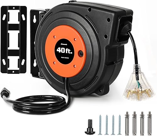 DEWENWILS Carrete de cable de extensión retráctil, cable de alimentación resistente de 40 pies, 12 AWG3C SJTOW, 3 salidas a tierra iluminadas triple