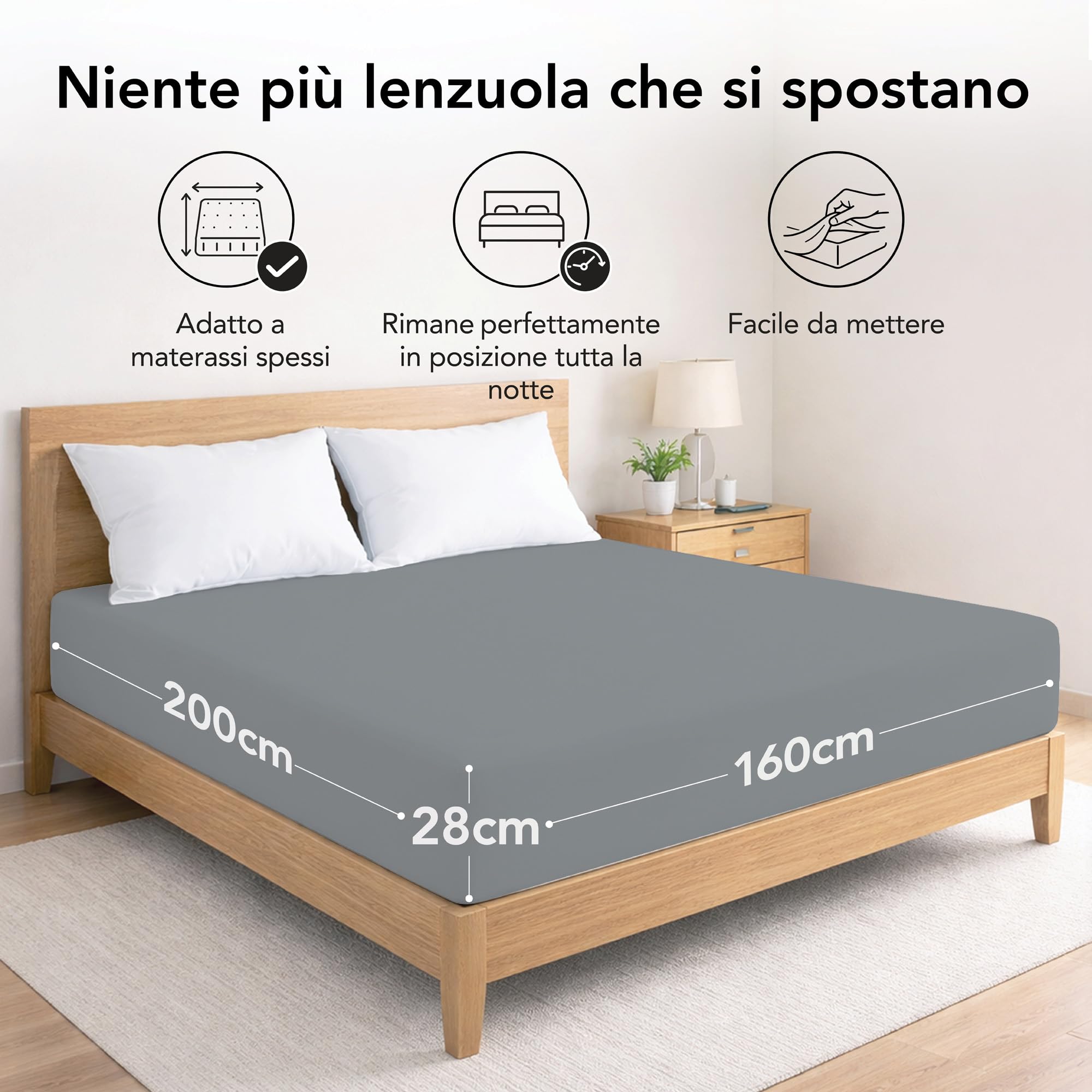 Ôhm Lenzuolo con Angoli Matrimoniale 160x200 cm Antracite – Jersey 100% Cotone Elasticizzato – Morbido e Traspirante – Angoli 28 cm per Materassi Alti – Certificato OEKO-TEX