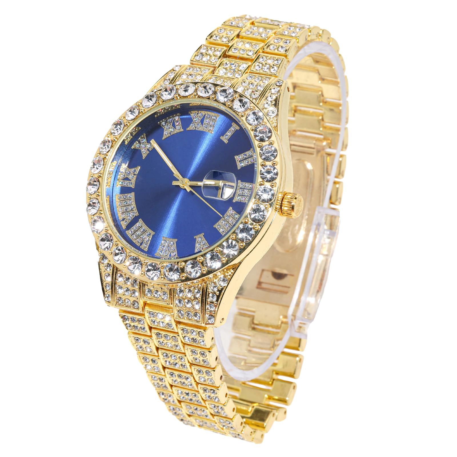 HALUKAKAH Diamante Reloj Oro, Hombres Chapado Oro Real 18K/Oro Blanco Platino 42MM Ancho Esfera Verde/Azul/Rojo Cuarzo Pulsera 24cm con Enlace Cubano Cadena 20+45cm Collar Pulsera, con Caja de Regalo