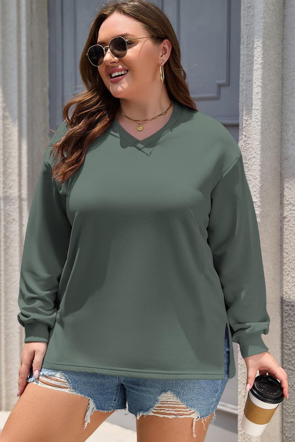 Eytino Plus Size Sweatshirts for Women V Neck Long Sleeve Oversized Pullover Tops 2026 Fall Fashion Outfit Clothes(1X-5X) - Image 2