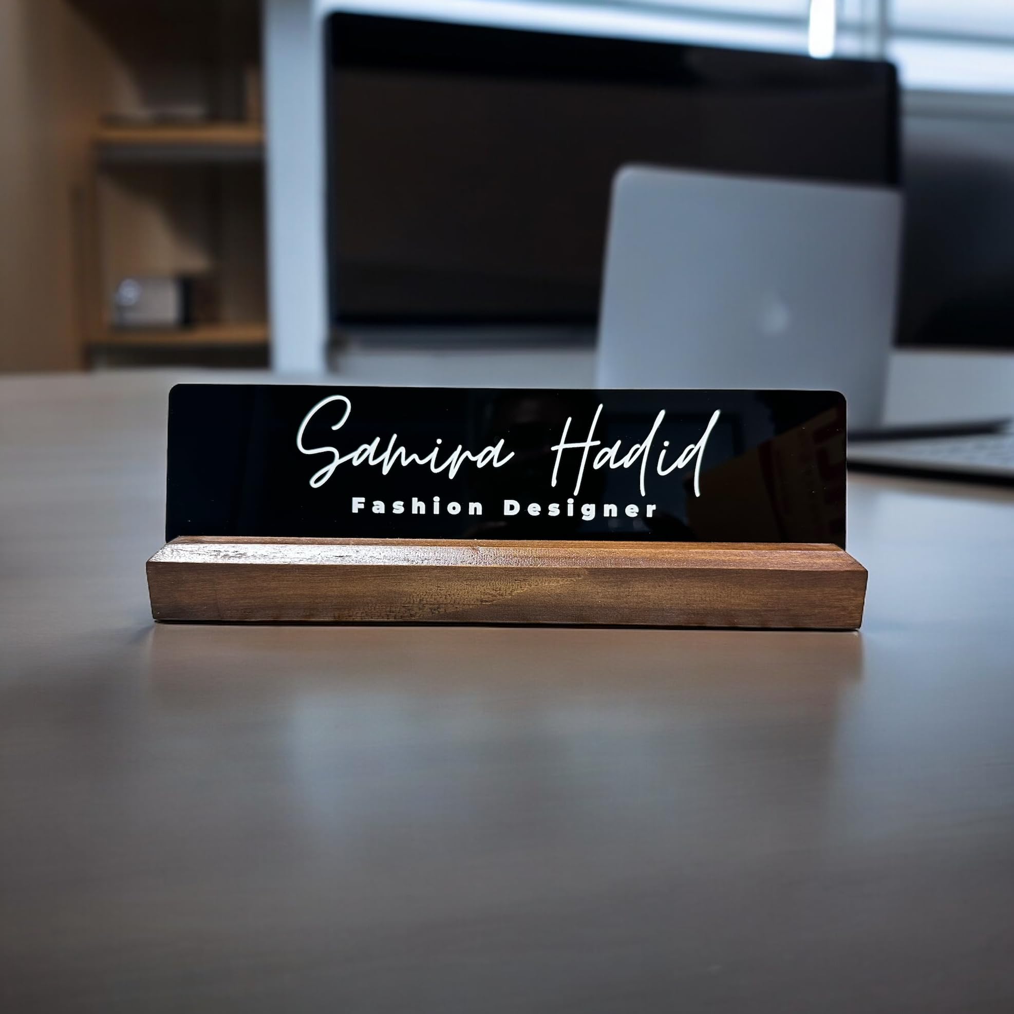 Tresneria� Customized Acrylic Desk Name Plate | 23X6.5 CM | Acrylic | Wooden Stand (Black)