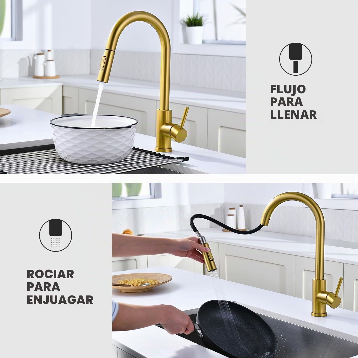 Tohlar Grifo de cocina dorado con pulverizador extraíble, moderno grifo mezclador de cocina extraíble de acero inoxidable de una sola manija, oro cepillado