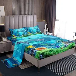 Erosebridal Lençóis de cama 3D subaquáticos para o mundo da praia, peixe, mar, azul, jogo de lençol tamanho solteiro, lençol com elástico de tubarão para crianças e crianças, água-viva-do-mar tropical, decoração de quarto