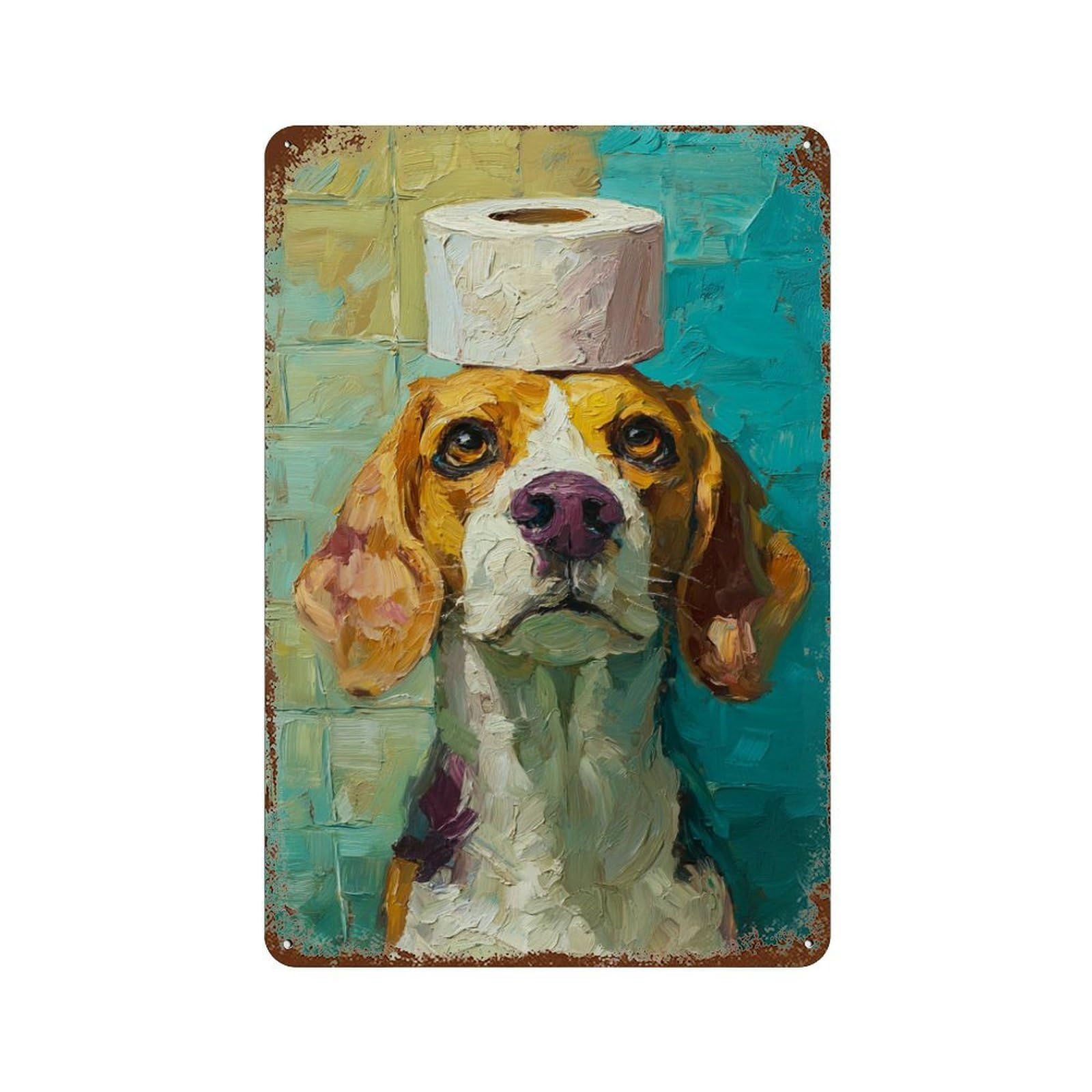 Beagle with Toilet Paper Roll Hat-1 Distressed Metal Wall Sign 11.8"x7.9", for Garage, Bar And Workshop Decor, Decorative Metal Wall Art