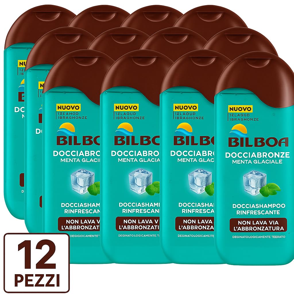 12X Bilboa Docciabronze Menta Glaciale 250ml – Docciashampoo Corpo e Capelli – Rinfrescante, Idratante, Non Lava Abbronzatura, Con Attivi Idrabronze – Uso Quotidiano, Dermatologicamente Testato