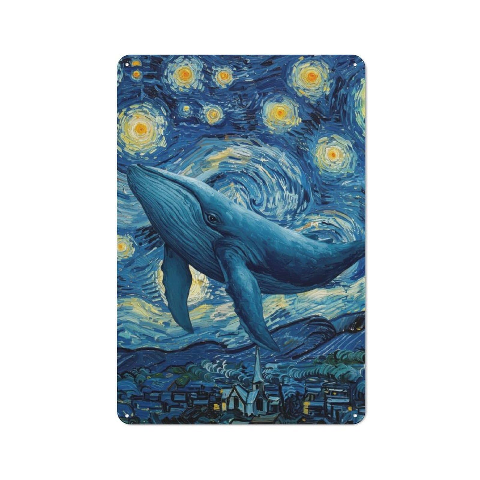 Junmoney Whale In Starry Night Painting Tin Wall Plaque 30X20cm With For Bar Or Restaurant, Housewarming Present For People Styling Bar And Restaurant