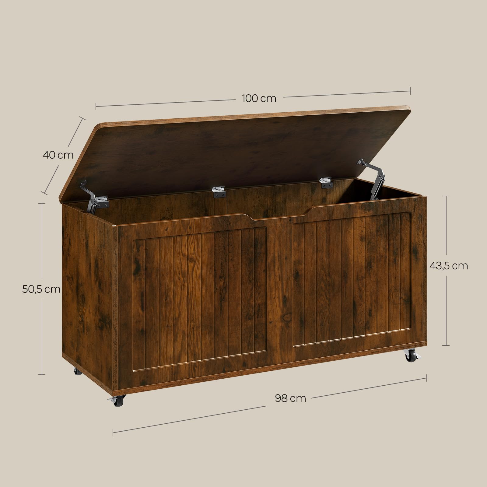 WOLTU Taburete Almacenaje con Ruedas, Baúl Puff Almacenamiento, Otomano Reposapiés Rectangular 100x40x50,5 cm, para Salón, Dormitorio y Entrada, Marrón Rústico