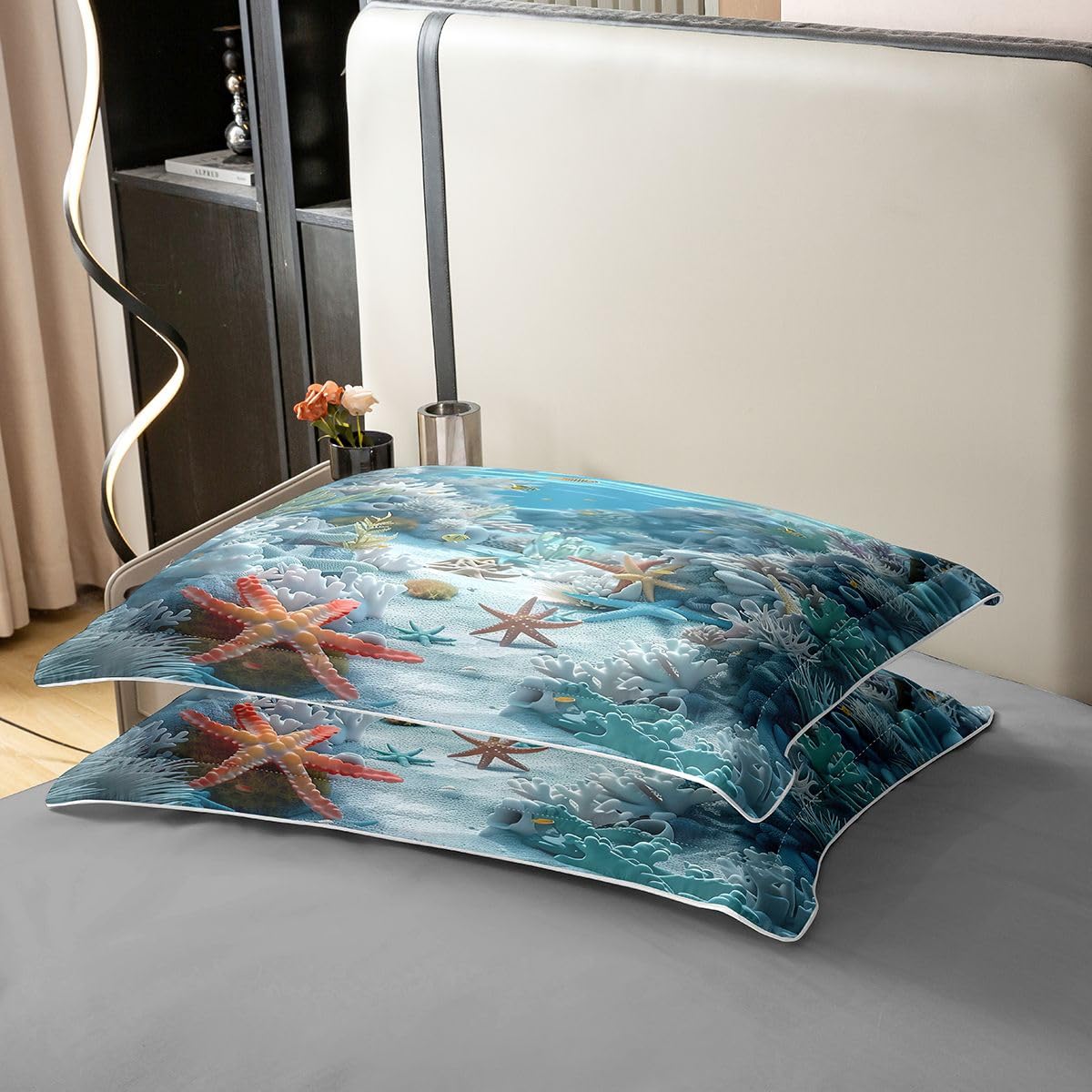 Homewish Coral Sealife Bettbezug 135x200 Baumwolle Meerestierdruck Bettwäsche Blau Ozeanfisch für Kinder Jungen Mädchen Bedding Unterwasser Meeresleben Bettwäsche Set Weich 2 teilig