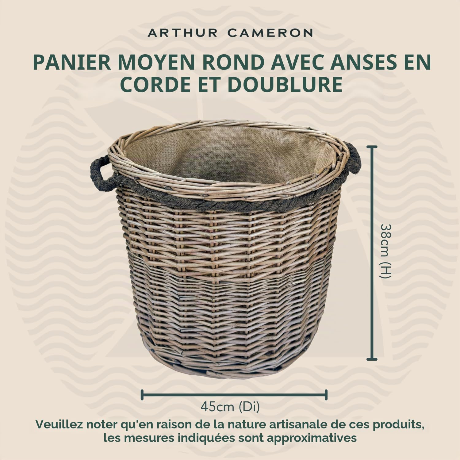 Arthur Cameron Panier à linge rond en osier doublé avec poignées en corde, parfait comme pot de fleurs pour la décoration du salon et le rangement de jouets pour enfants (taille M)