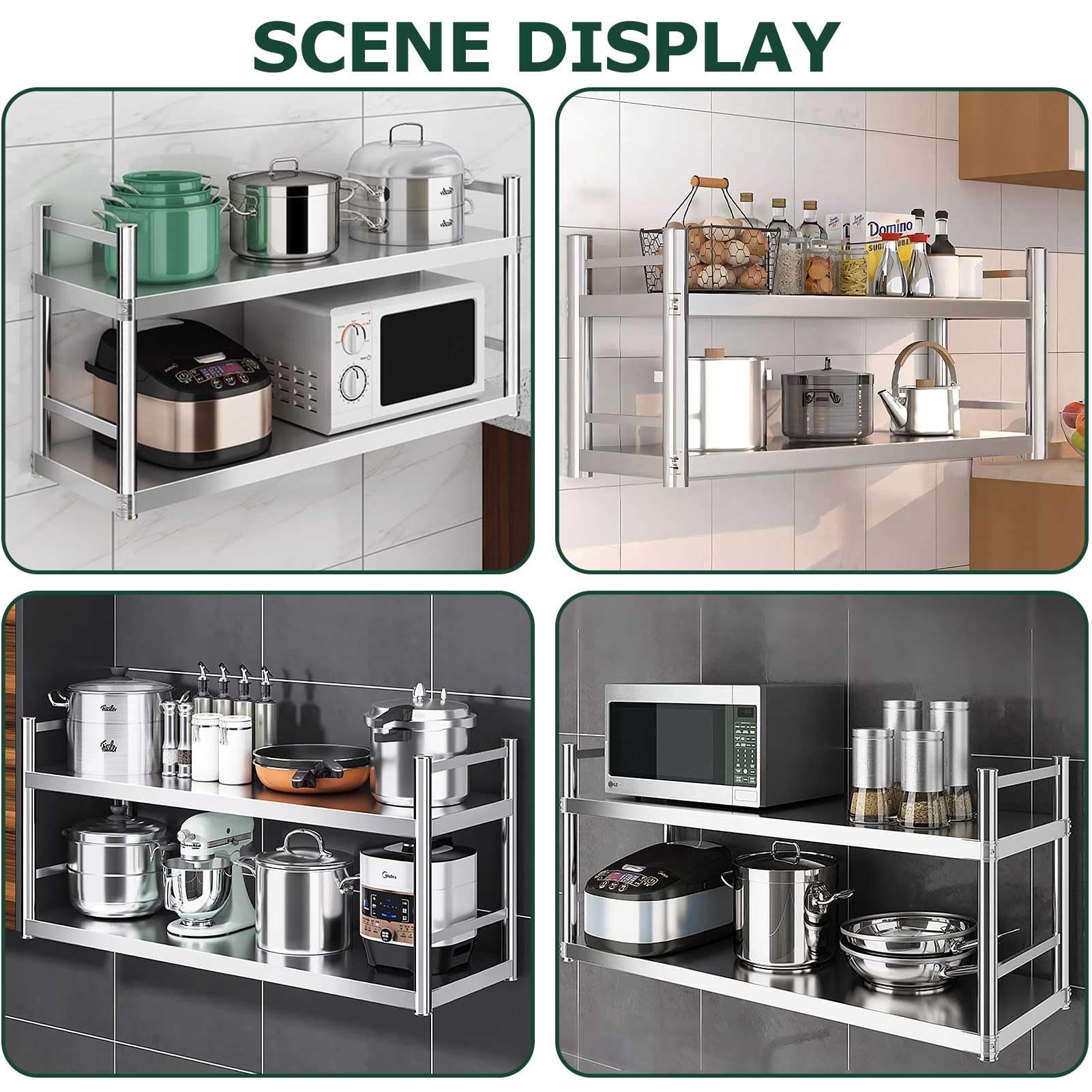 Mensola da parete in acciaio inossidabile a 2 livelli, unità di scaffalatura da parete, scaffale organizer per impieghi gravosi per ristorante, cucina, bar, ufficio(120X30X55CM)