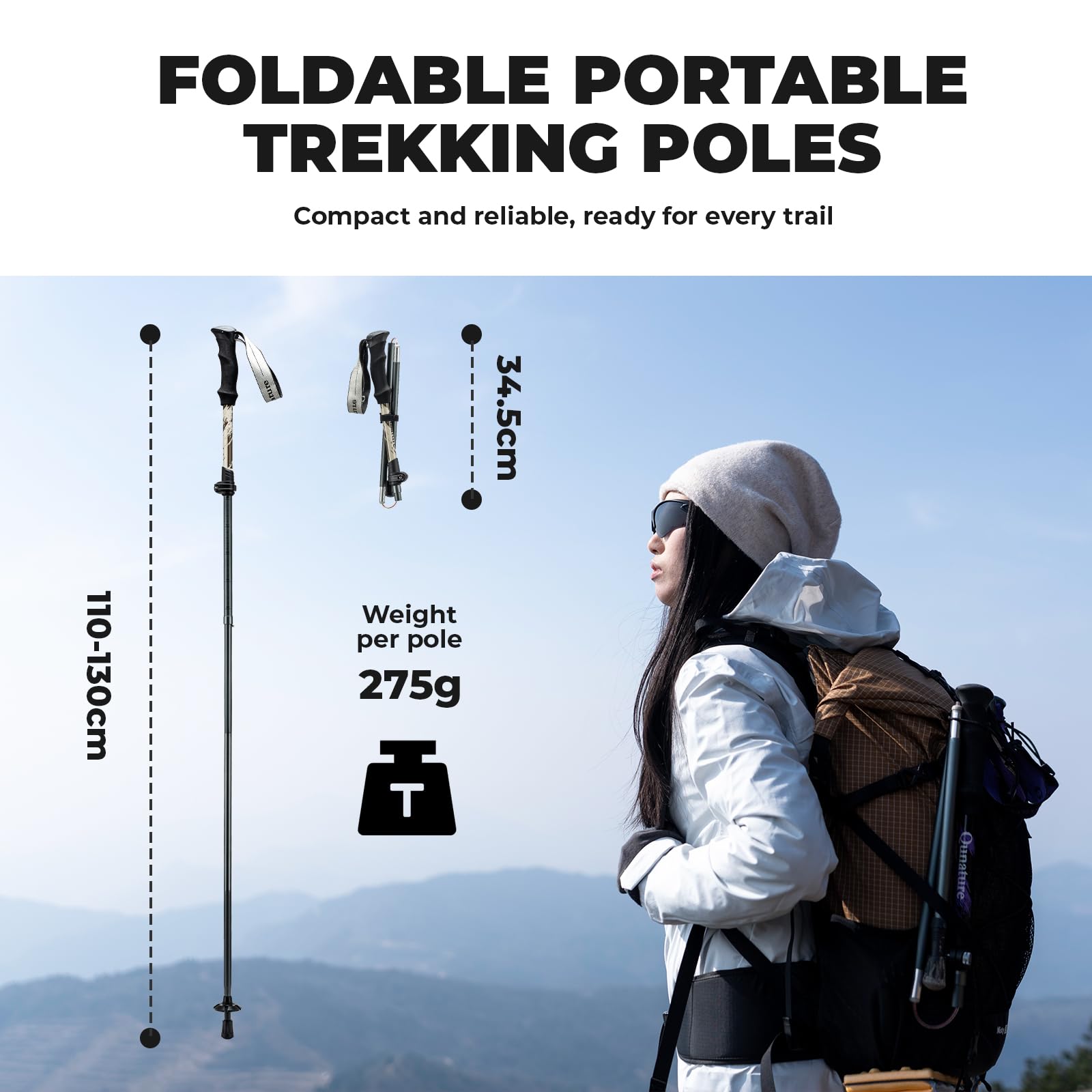 Kije Trekkingowe Lekkie, Składane Kije z Aluminium 7075 110-130 cm dla Kobiet i Mężczyzn, Sprzęt Turystyczny, Wędrówki, Kemping, Wspinaczka Górska, Trekking