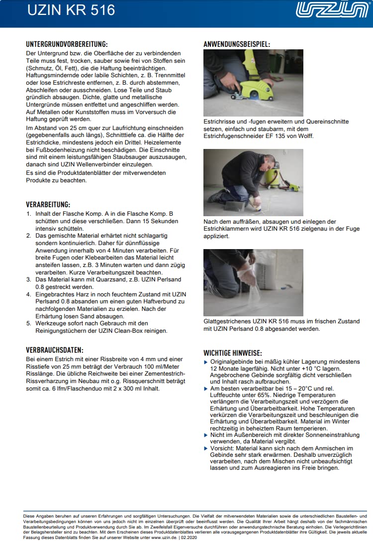 UZIN KR 516 2-K Silikatharz Kleben von Winkelschienen, Nagelleisten 2 x 300 ml Geruchsarmes Gieß- und Klebharz zur schnellen Rissesanierung sowie zum Kleben