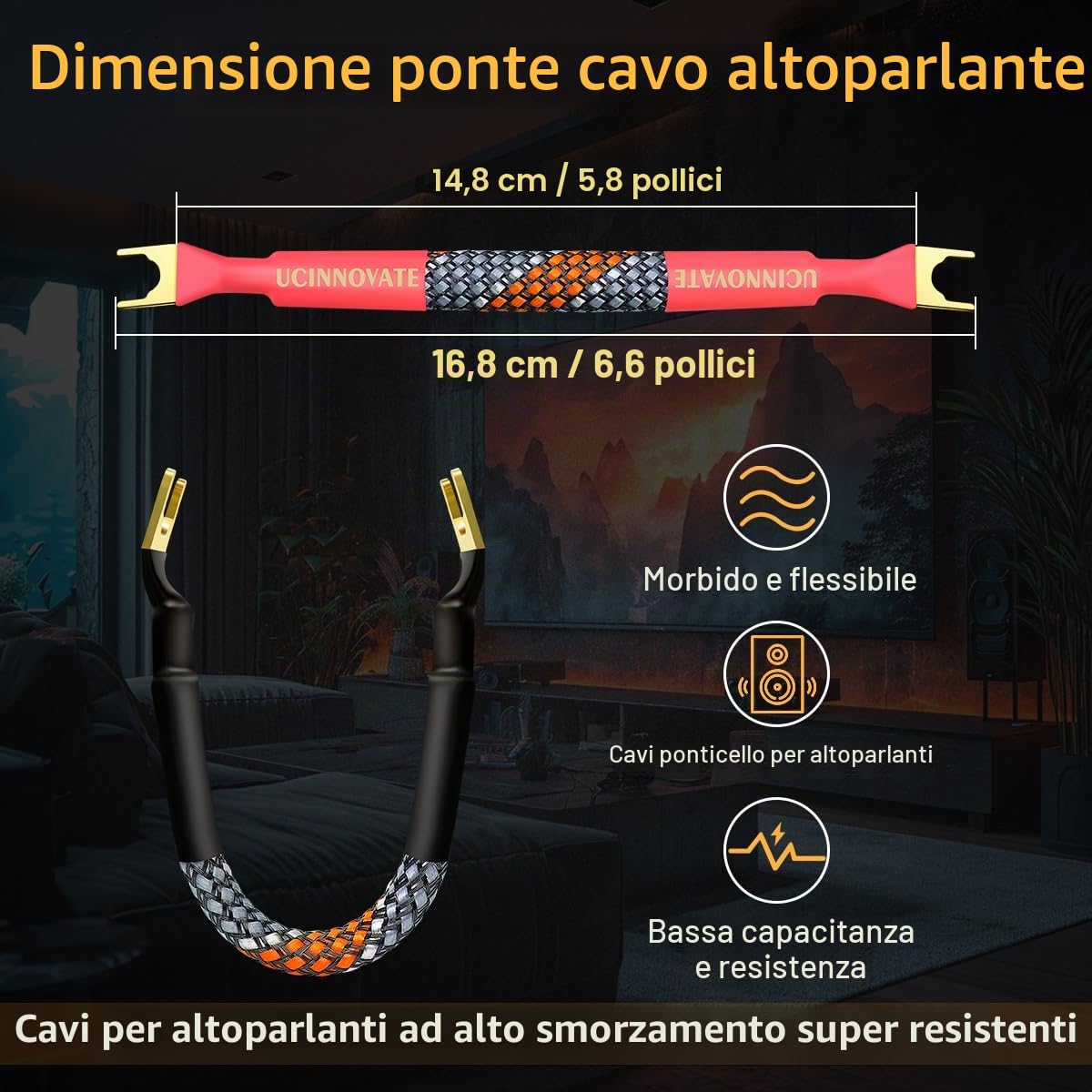 UCINNOVATE Set di 4 cavi di avviamento HiFi OFC da 15,2 cm, ponte di cavo per altoparlanti bi-wire con placche di collegamento placcate in oro, audiofilo flessibile 11 AWG