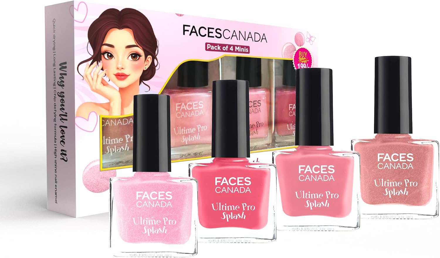 FACES CANADA Ultime Pro Splash Mini Nail Enamel Combo Kit - Pink Pop | Pack of 4 (5ml x 4) | Glossy Nail Polish Set | Quick Drying | High Shine | Chip Resistant | Long Lasting (20 ml)