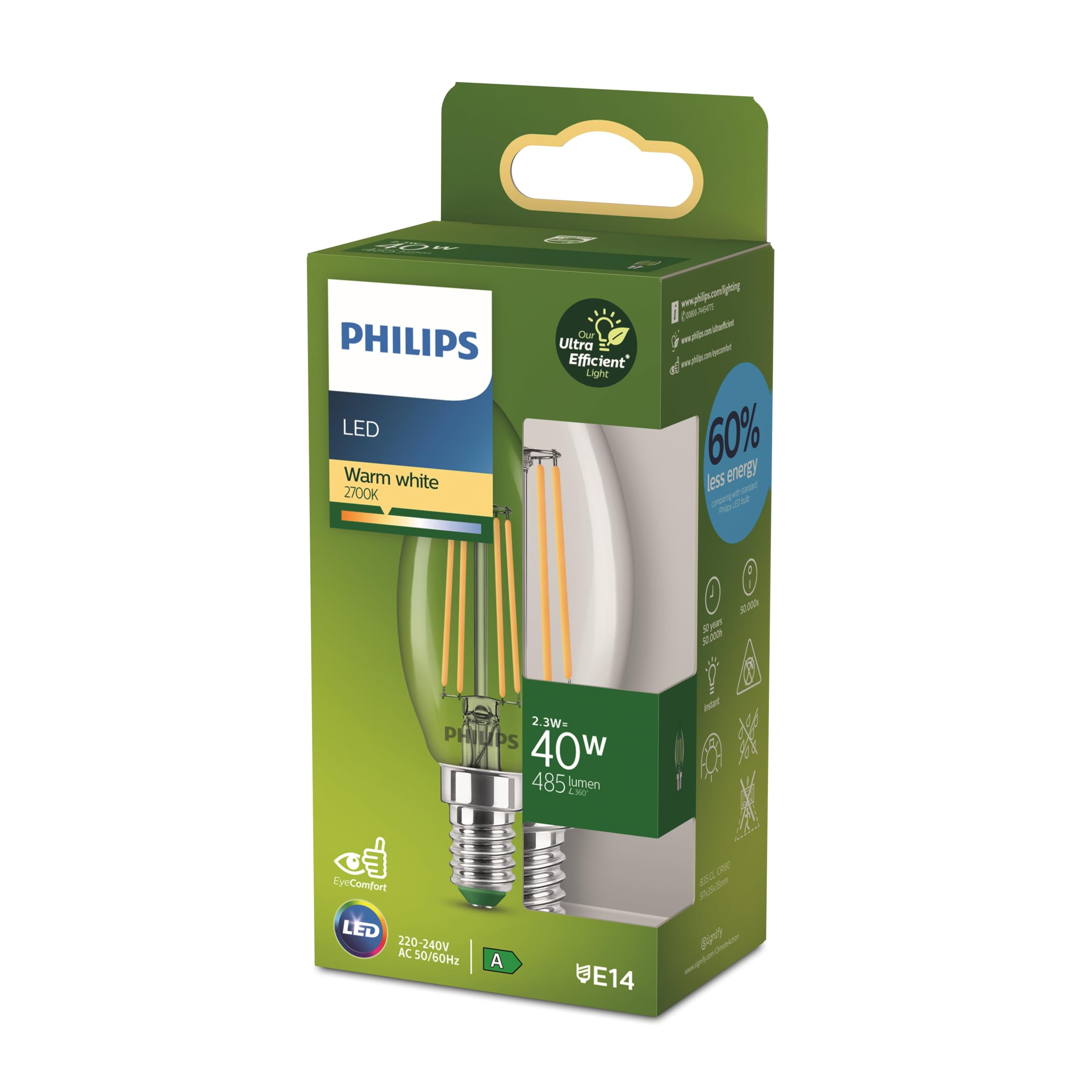 Philips Led Classe A Candela Vetro Filam 40w E14 2700k-bianco