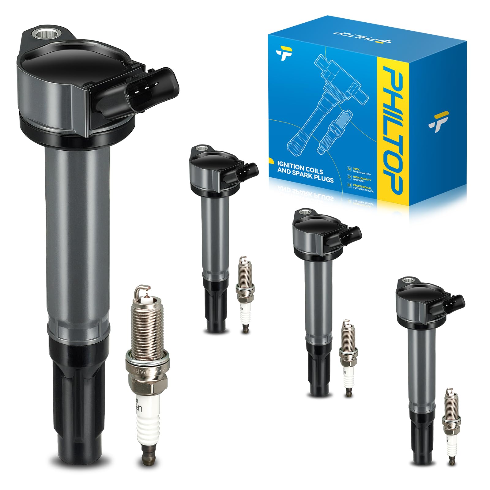 PHILTOP Ignition Coil UF487 &amp; Iridium Spark Plugs Fit for RAV4 Camry